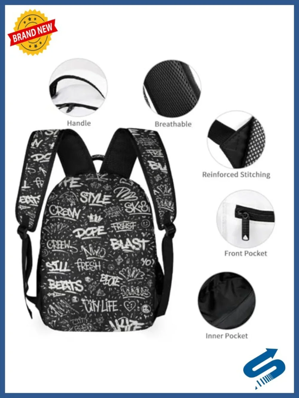Graffiti Backpack Large Capacity Stylish School Bag Water-Resistant Oxford